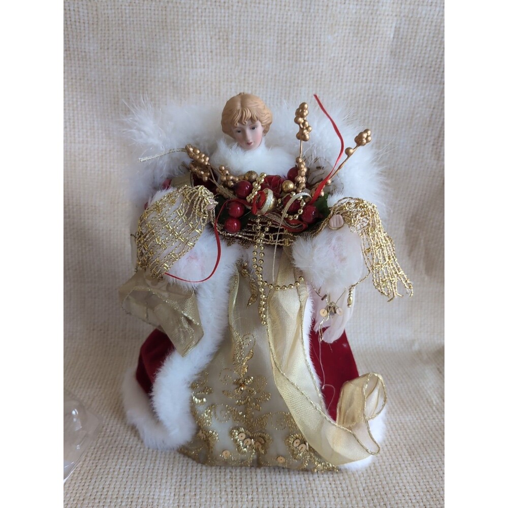Vintage Angel Tree Topper White/Red/Gold Feather Wings Victorian 12"